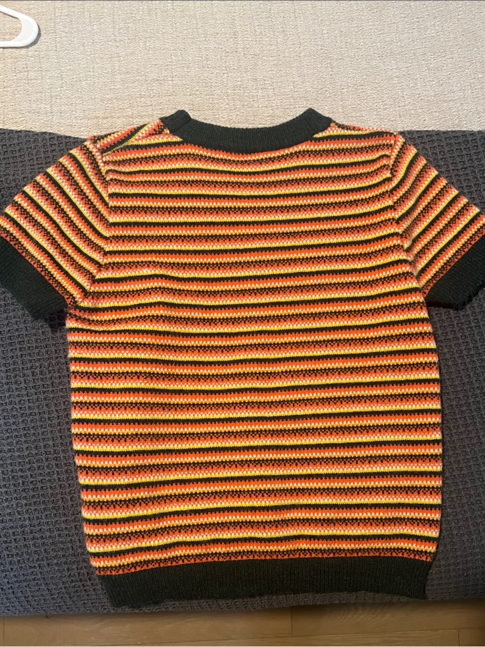 Cider Short-Sleeve Striped Crewneck Sweater in Dark Green, Orange, Yellow - Picture 3 of 3